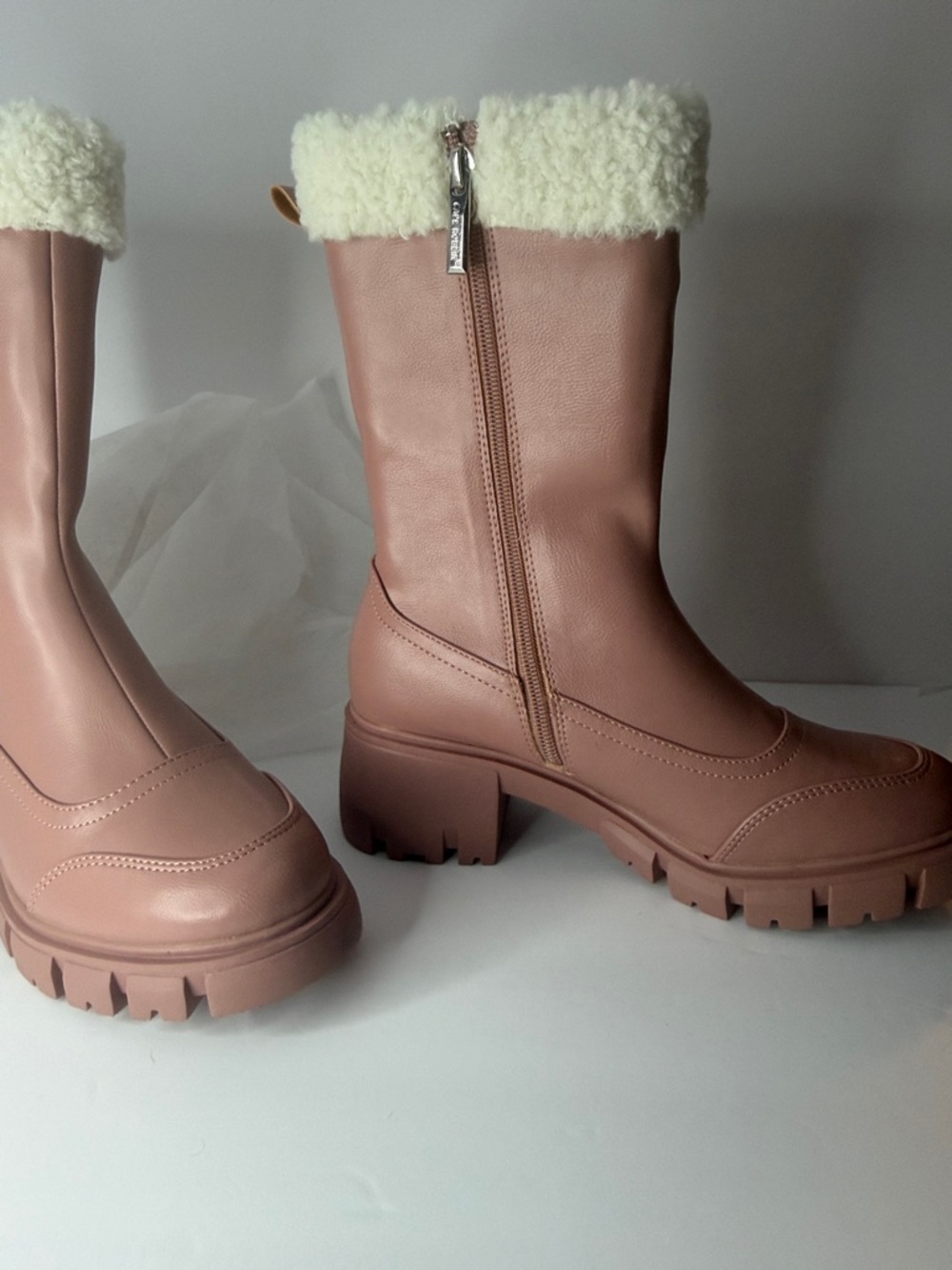 Cape Robbin Pink Platform Boots Size 8 Faux Fur Trim Chunky Lug Sole Mid Calf - Picture 3 of 5
